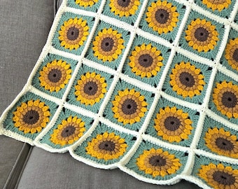 Sunflower Granny Square Crochet Throw Pattern