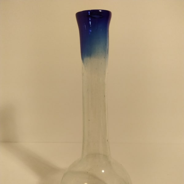Hand Blown Glass Bulb Vase -- Clear Glass With Blue Top
