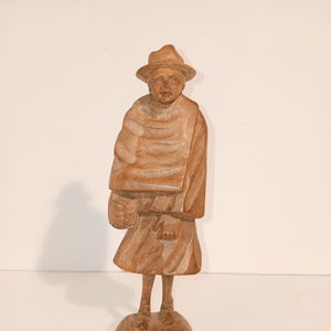 Hand Carved Wooden Statue -- Woman With Bag