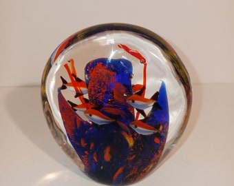 Hand Blown Glass Paperweight -- Fish/Underwater Scene