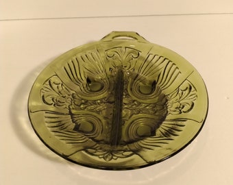 Vintage Mid Century Indiana Glass Green Divided Serving Dish