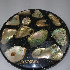 Puede incluir: Una bandeja decorativa redonda y negra con incrustaciones de conchas de abulón iridiscentes. Las conchas son de varias formas y tamaños, con colores que van del blanco nacarado al verde y al dorado. La palabra "CALIFORNIA" está escrita en letras doradas.