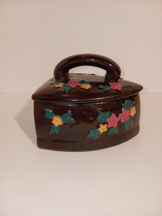 Vintage Made In Japan Clay Iron Shaped Lidded Box - image 1