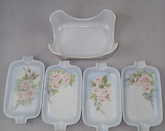 Porcelain Hand Painted Ashtray Set In Holder