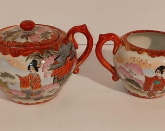 Antique Kutani Japanese Porcelain Sugar And Creamer -- Marked Nine Valleys