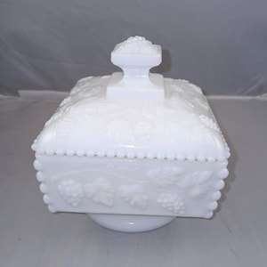 Westmoreland Milk Glass Square Beaded Grapes And Leaves Lidded Pedestal Dish