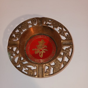 Asian Design Brass Ashtray With Enameled Bottom