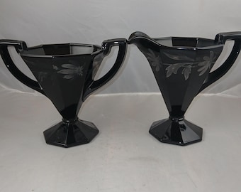 Black Amethyst Glass Sugar And Creamer Set- Art Deco Style