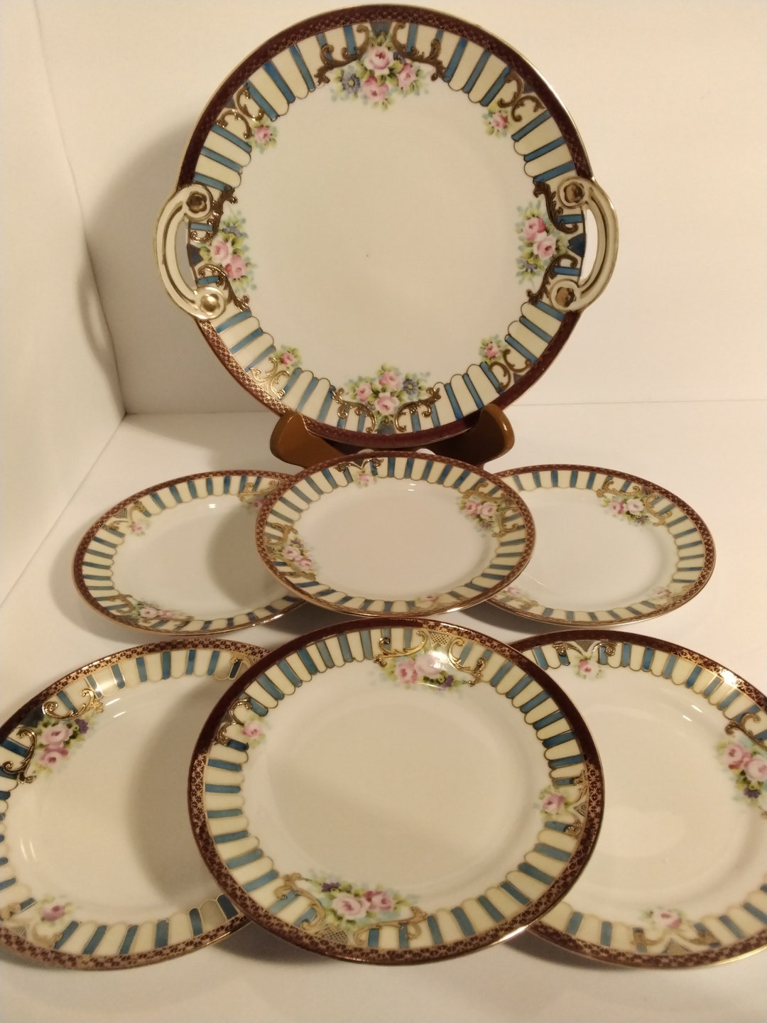 1940's Noritake Blue and Gold Floral Design - Serving Plate and 6 Bread ...