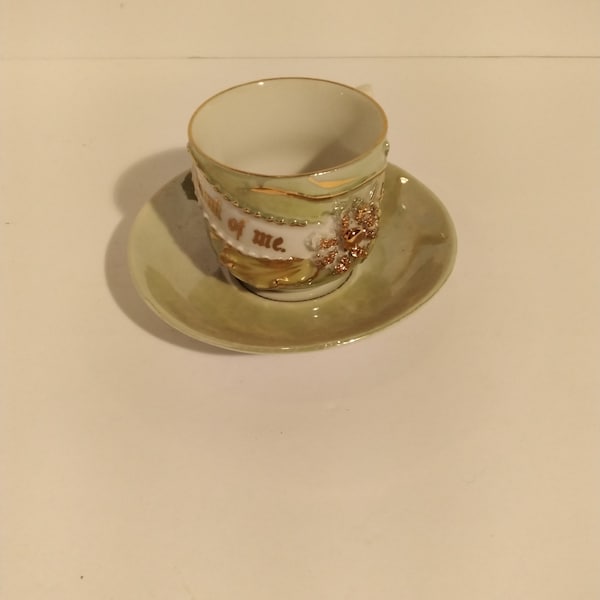 Made In Germany Green Lusterware Cup And Saucer -- "Think Of Me"