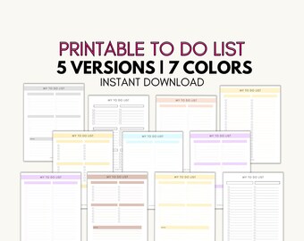 To Do List Printable, Checklist printable, 5 versions, 7 colors, A4 & Letter