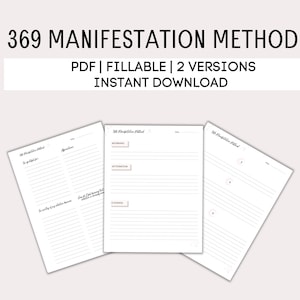 Könnte beinhalten: Drei druckbare Seiten für die 369-Manifestationsmethode. Die Seiten sind mit "Morgen", "Nachmittag" und "Abend" betitelt und haben Zeilen zum Schreiben. Die Seiten sind im PDF-Format und herunterladbar.