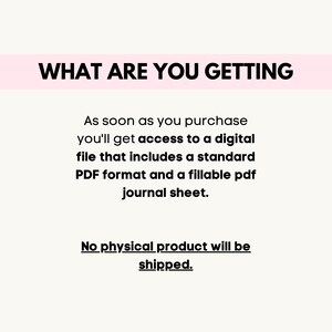 K&ouml;nnte beinhalten: Text auf rosa Hintergrund, der "WHAT ARE YOU GETTING" lautet. Unter dem Text befindet sich eine Beschreibung eines digitalen Downloads, der ein Standard-PDF-Format und ein ausf&uuml;llbares PDF-Journalblatt enth&auml;lt. Der Text besagt auch, dass kein physisches Produkt versandt wird.