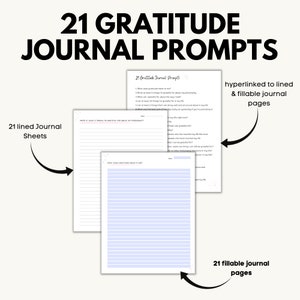 May include: A digital download of 21 printable gratitude journal prompts. The prompts are designed to help you reflect on your life and appreciate the good things in it. The download includes both lined and fillable journal pages.