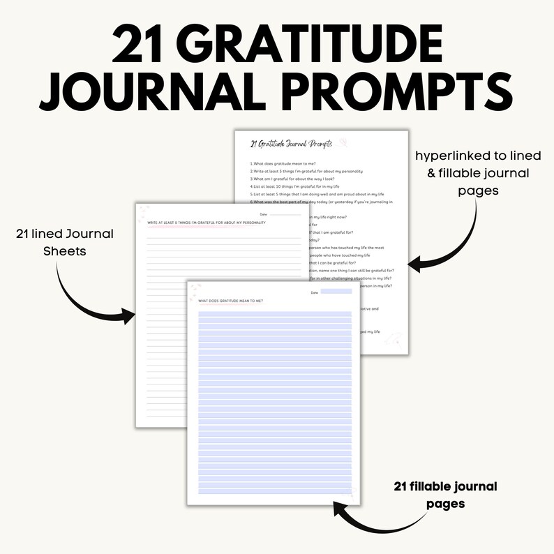 May include: A digital download of 21 printable gratitude journal prompts. The prompts are designed to help you reflect on your life and appreciate the good things in it. The download includes both lined and fillable journal pages.