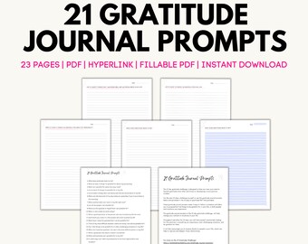 May include: A printable PDF journal with 21 gratitude prompts to help you focus on the positive aspects of your life. The journal includes 23 pages with fill-in-the-blank prompts and lined pages for journaling.