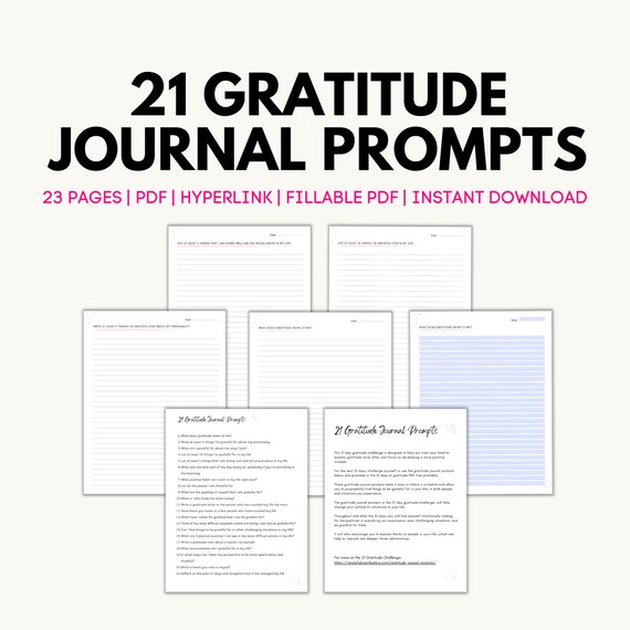 Gratitude Journal Printable | 21 Gratitude Journal Prompts | Hyperlinked Lined Journal Pages | Hyperlinked Fillable Journal Pages