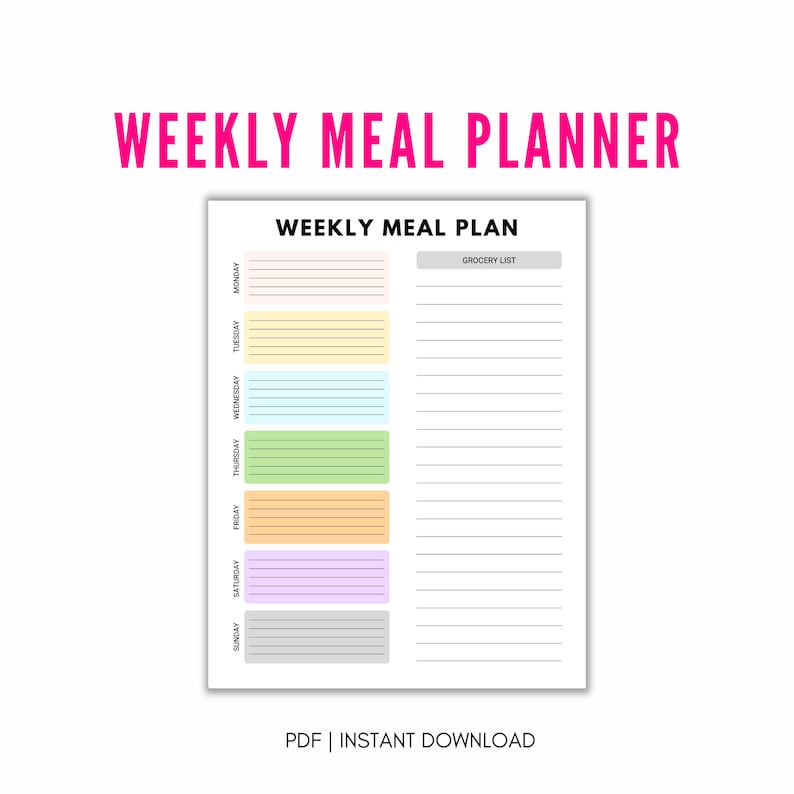 May include: A printable weekly meal planner with a grocery list section. The planner has a colorful design with pastel colors and a simple layout. The text "WEEKLY MEAL PLANNER" is at the top of the page.