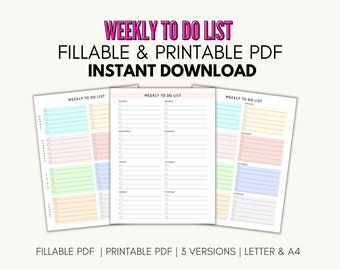 Editable Weekly To Do List Planner Printable, Checklist, Printable PDF, Fillable PDF, Fillable Checklist | 3 versions | Letter & A4