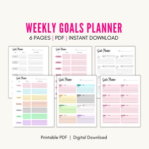 May include: A printable weekly goals planner with six pages. The planner has a colorful design with pastel colors and black lines. The text "Weekly Goals Planner" is at the top of the page. The text "6 Pages | PDF | Instant Download" is below the title. The text "Printable PDF | Digital Download" is at the bottom of the page.