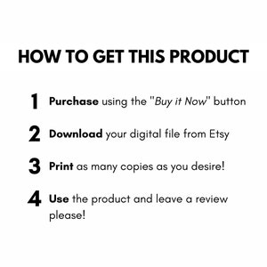 以下が含まれることがあります： Etsyからデジタル製品を入手する方法を4つのステップで説明します。手順は以下のとおりです。1. 「今すぐ購入」ボタンを使用して購入します。2. Etsyからデジタルファイルをダウンロードします。3. 必要に応じてコピーを印刷します。4. 製品を使用し、レビューを残してください。