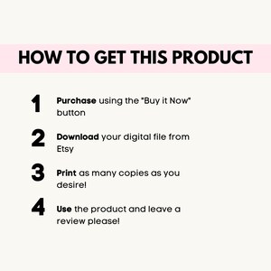 K&ouml;nnte beinhalten: Ein wei&szlig;er Hintergrund mit schwarzem Text, der die vier Schritte zum Kauf eines digitalen Produkts auf Etsy beschreibt. Die Schritte sind von 1 bis 4 nummeriert. Schritt 1: Kaufen Sie mit dem Button "Jetzt kaufen". Schritt 2: Laden Sie Ihre digitale Datei von Etsy herunter. Schritt 3: Drucken Sie so viele Kopien, wie Sie m&ouml;chten. Schritt 4: Verwenden Sie das Produkt und hinterlassen Sie bitte eine Bewertung!