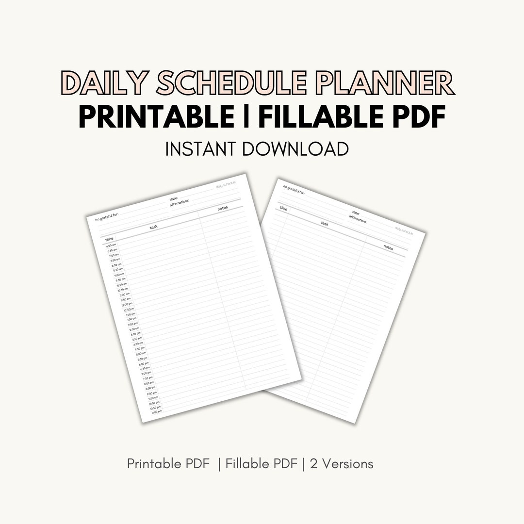 Daily Schedule Planner | Half Hour | Blank | Fillable PDF | Standard ...