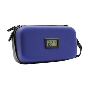 May include: A blue rectangular carrying case with a black zipper and a small digital display showing "22.1". The case has a black handle and a black strap. The case is designed to protect the contents inside.