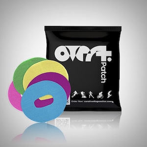 May include: A package of Ova+ Patch pain relief patches. The package is black with white text and a white circle with a plus sign in the center. The patches are in different colors: pink, yellow, green, and blue. The package also includes a QR code and the website address: curativediagnostics.com.