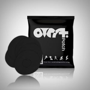 May include: Black "Over Patch" product packaging with a stack of black circular patches. The packaging features white text and icons of various sports. The website address is also visible.