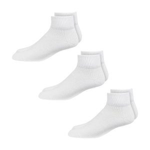 May include: Three pairs of white ankle socks. The socks are made of a soft, comfortable material and are perfect for everyday wear.