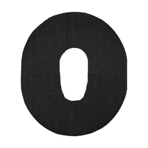 May include: Black fabric patch with a circular shape and a hole in the center, resembling the letter "O".