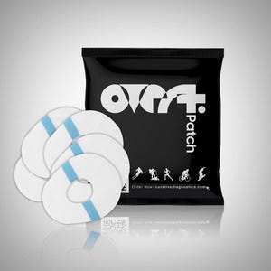 May include: A package of five white, round, adhesive patches with a blue stripe. The package is black with the text "over7 patch" and the website "curativediagnostics.com".