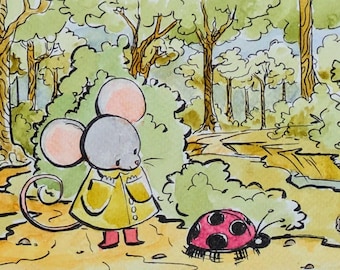 La pequeña ratoncita (y su invitada) - Pintura en acuarela, impresión brillante de 5x7 pulgadas
