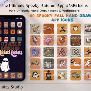 Spooky Fall - Hand Drawn iOS16 App Icon pack Bundle, iOS14 App Wallpapers, Fall Autumn Theme, Social App Cover, iOS 15, Fall Aesthetic Icons