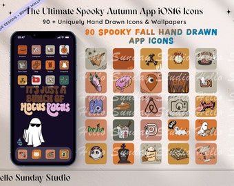 Spooky Fall - Hand Drawn iOS16 App Icon pack Bundle, iOS14 App Wallpapers, Fall Autumn Theme, Social App Cover, iOS 15, Fall Aesthetic Icons