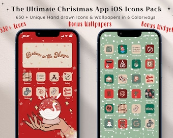 Weihnachtsästhetik - Handgezeichnete iOS16 App Icons Bundle, iOS14 App Wallpaper, Weihnachten Icons Pack, Social App Cover, iOS 15, SVG