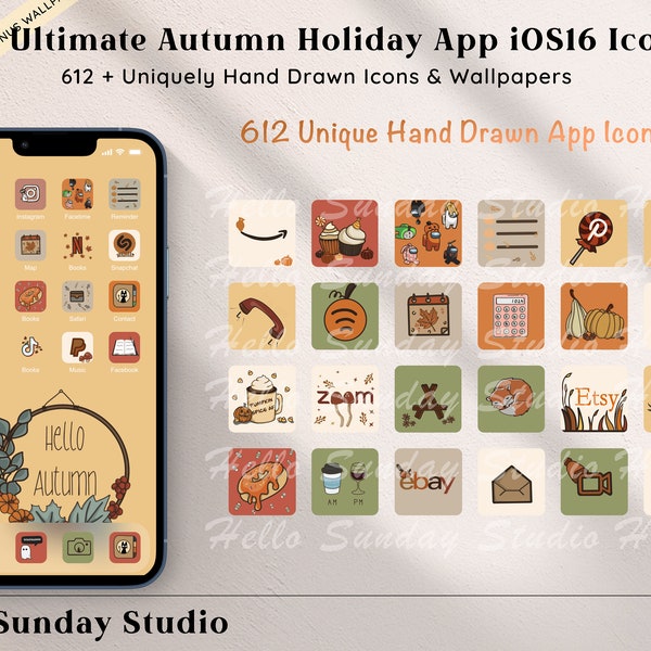 Autumn Holiday Aesthetic - Handgezeichnetes iOS16 App Icons Bundle, iOS14 App Wallpapers, Herbst Theme, Social App Cover, iOS 15, Fall Aesthetic