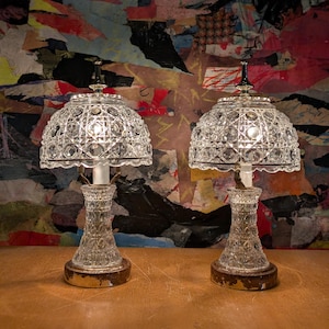 Set of 2 Vintage Regency Style Petite Crystal Fairy Lamps - Pressed Glass, Fancy Style with Oxidation on Base