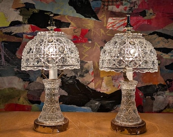 Set of 2 Vintage Regency Style Petite Crystal Fairy Lamps - Pressed Glass, Fancy Style with Oxidation on Base