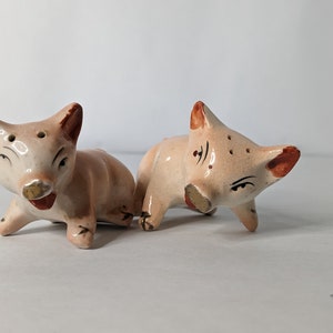 May include: A pair of ceramic pig salt and pepper shakers. The pigs are pink with brown accents and have black eyes. The pig on the left is looking to the right and has its mouth open. The pig on the right is looking to the left and has its mouth closed.