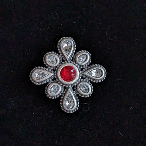 Vintage Dark Silver Tone Cross Brooch with Red & White Gemstones - 1960s