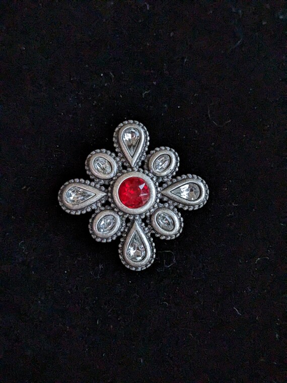 Vintage Dark Silver Tone Cross Brooch with Red & … - image 1