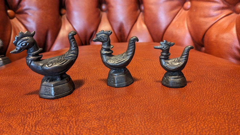 6 Antique Burmese opium Weights, 19th Century, Heptagonal Base, Hintha ...