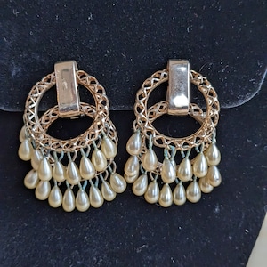 Vintage Double Hoop & Faux Pearl Dangle Earrings - Gold Tone, Elegant