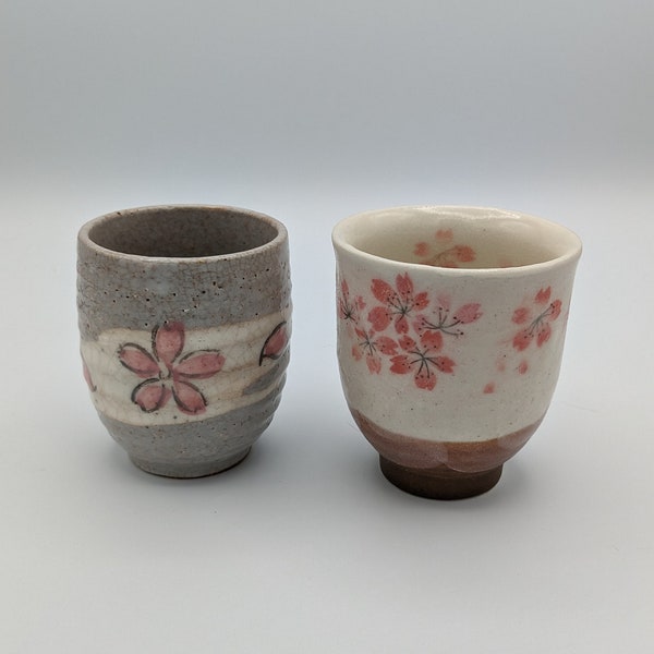 Set of 2 Japanese Thick/Tall Deliciously Textured Tea Cups (Yunomi) with Painted Cherry Blossoms (Sakura)