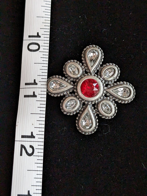 Vintage Dark Silver Tone Cross Brooch with Red & … - image 2