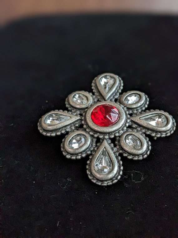 Vintage Dark Silver Tone Cross Brooch with Red & … - image 3