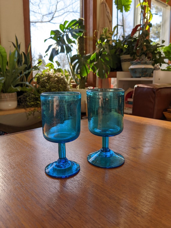 Blue Bubble-Glass Small Goblets - Hand Blown, Like