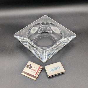 Hand-Signed Val St Lambert Crystal Ashtray from Belgium - Messancy Pattern - Early 1900s and Vintage Matchbooks